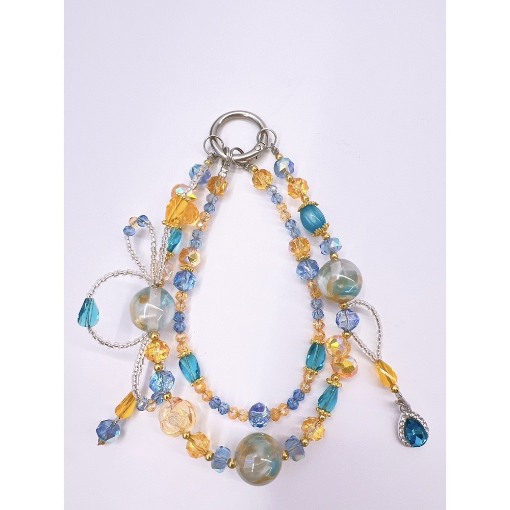 Beaded Phone & Bag Charm Keychain Purse Charm Orange Blue Flower Bead Bag Clip - Picture 4 of 4